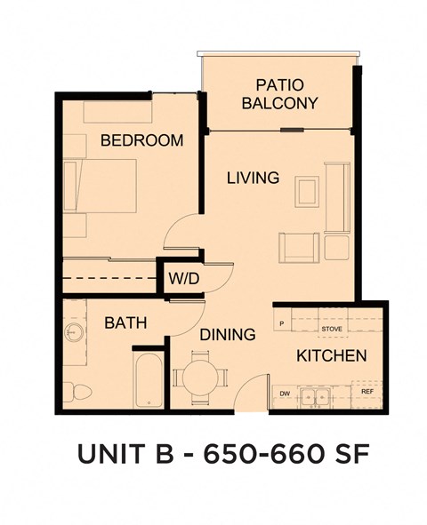 Floor plan for 1 bed, 1 bath, 655 sqft